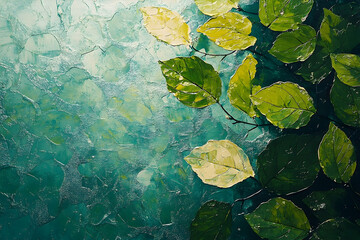 Teal backdrop with detailed, textured leaves.