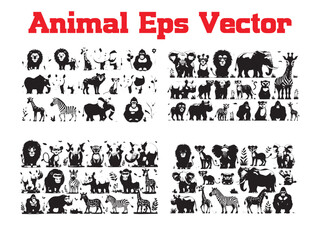 Black silhouette wildlife collection featuring lion elephant giraffe panda gorilla and zebra illustrations