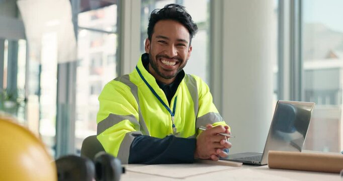 Face, happy man or architect on laptop in office for renovation, engineering or project management. Portrait, builder or proud contractor in construction job for development with smile or confidence