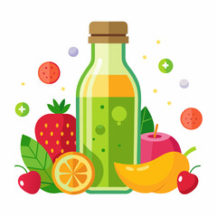 A bottle of juice and various fruits vextor on white background