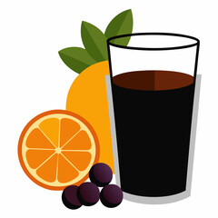 glass of black grapes juice  vector  and  orange fruit
