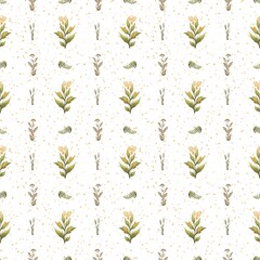 Floral pattern featuring delicate yellow flowers and green leaves on a soft white background, perfect for fabric or wallpaper design