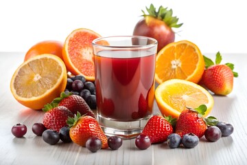 A glass of strawberry juice and various fruits