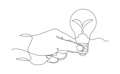 Continuous line drawing of human hand holding light bulb with sprout seed plant growth. Green electric energy sketch art editable stroke vector illustration