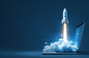 Laptop computer with rocket launching from screen. Tech innovation concept. Futuristic design. Digital illustration. Startup speed, progress. Laptop hardware, software. Rocket launch from computer
