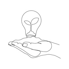 Continuous line drawing of human hand holding light bulb with sprout seed plant growth. Green electric energy sketch art editable stroke vector illustration