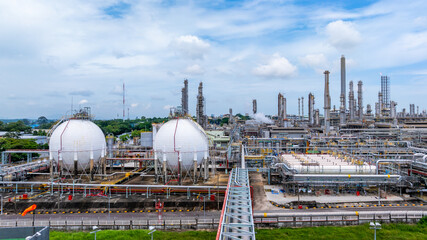 Gas separation plant at industrial estate under blue sky, Industrial gas separation plant with...