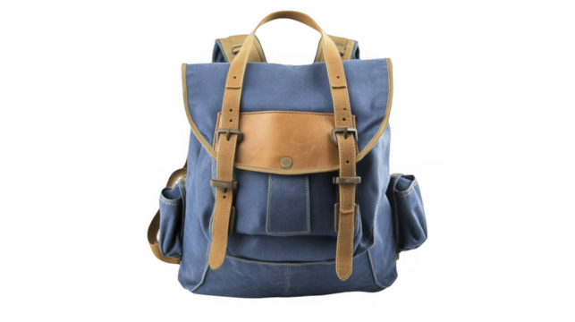 Blue canvas backpack with leather straps on a transparent background, PNG image, PNG file.