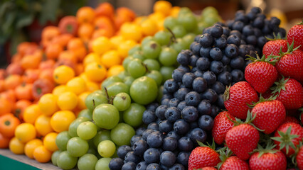Rainbow fruit display in market. Ultra realistic fruit arrangement. Vivid colors of fresh fruits. Beautiful fruit palette for photography.