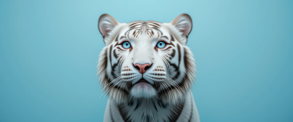 White tiger face portrait with bright blue eyes on plain cyan background, stylized frontal animal view with detailed fur and soft lighting in fantasy concept for creative animal stock design