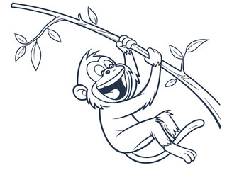 Playful smiling monkey hanging from a branch in outline style