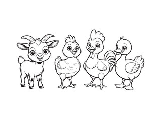 Cute cartoon farm animals line art featuring goat chick duck and rooster for children