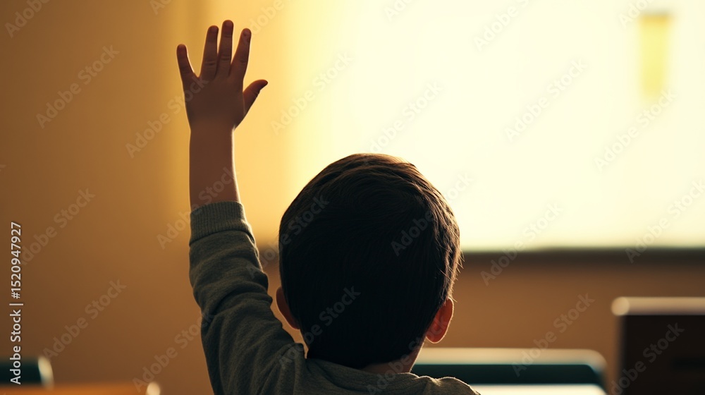 Poster pupil raising hand enthusiastically during a lesson in an elementary school classroom, demonstrating