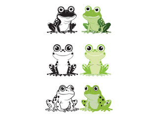 Cute cartoon frogs in black and white and green color variations posed against white background