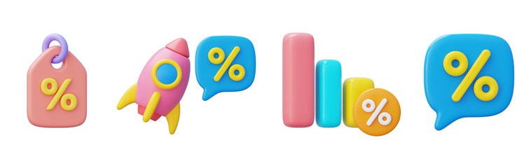 Colorful 3D marketing elements a tag rocket chat bubbles and graph bars