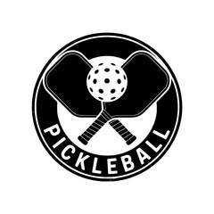 Vintage Pickleball Badge with Paddles and Ball, Retro-style pickleball logo featuring two crossed paddles and a ball, perfect for sports branding, clubs, or tournaments.

