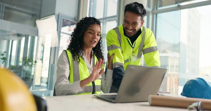 Architecture, meeting and people on laptop high five for design, floorplan and building success. Construction, teamwork and workers with celebrate with blueprint and computer for urban planning