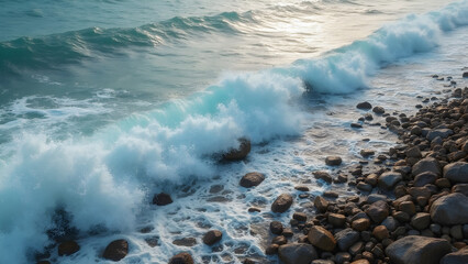 Waves crashing on rocky shoreline. Scenic ocean views with waves. Nature sounds of waves and rocks. Coastal beauty of shoreline waves.