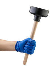 Hand holding plunger on a white background. Isolated