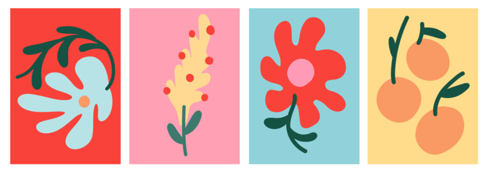 Vibrant Tropical Floral Abstract Poster Collection.  Botanical Doodle of Abstract Flower, Oranges and Leaves. Vector Art Set  for Wallpaper, Poster, Prints, and Home Styling