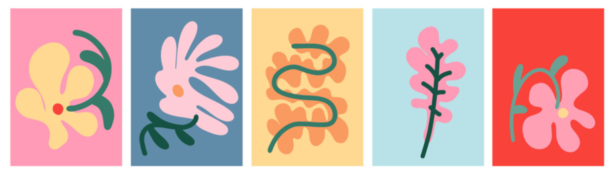 Collection of Modern Botanical Leaves, Plants and Flowers Vector Illustration with Bold Lines in Colorful Background. Set for Flyer, Ads, Covers, and Social Media Graphics.	