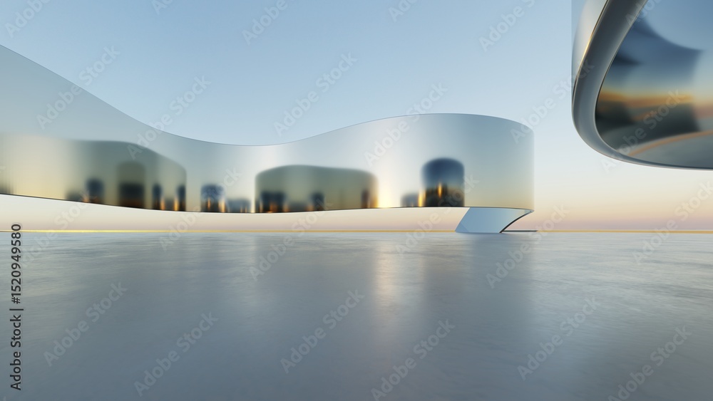 Poster 3d illustration of abstract wavy architecture background, minimal curved geometry architectural desi