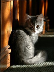a fluffy gray feline with amber eyes rests near the wooden legs of a table or chair