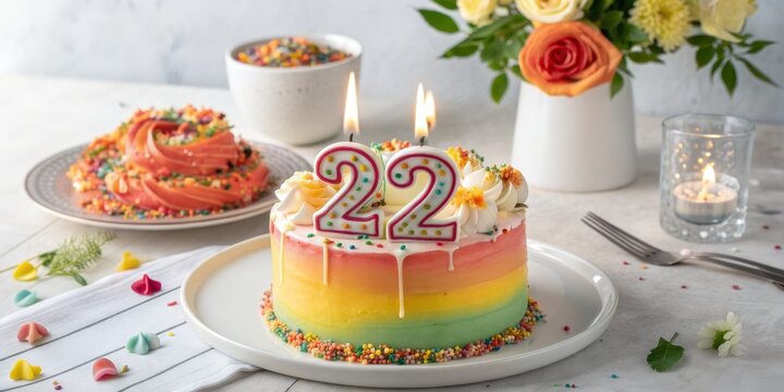 Rainbow Cake with Number 22 Candles, Birthday, Celebration, Dessert Birthday Cake, 22nd Birthday
