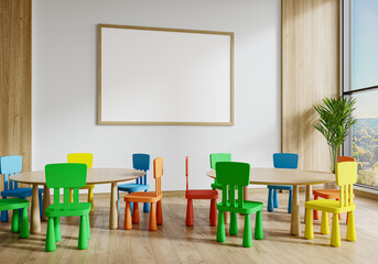 Playroom Wall Frame Mockup with Wooden Furniture and Bright Chairs