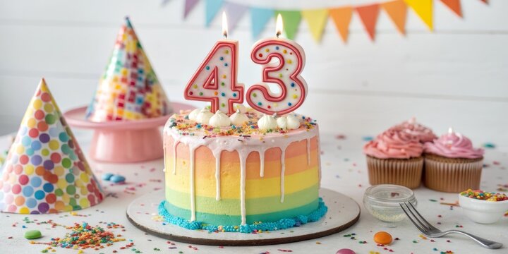 Rainbow Drip Cake with 43 Candles, Party Decor, Birthday Cake Birthday, Cake