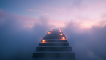 Dreamy twilight scene with a staircase that fades into mist, hovering above water with glowing orbs floating beside each step