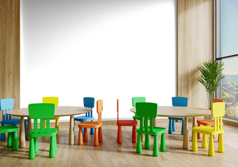 Preschool Classroom with Twin Round Tables and Bright Kids Chairs – Transparent Wall PNG Mockup – 3D render