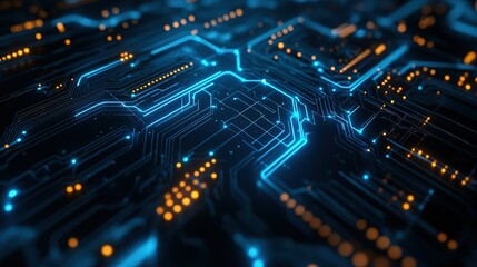 Abstract dark blue glowing circuit board technology background with light dots and lines, futuristic vector design for cybersecurity themes, digital data visualization or tech poster in cyber style