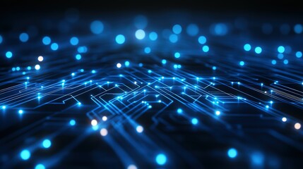 Abstract dark blue glowing circuit board technology background with light dots and lines, futuristic vector design for cybersecurity themes, digital data visualization or tech poster in cyber style