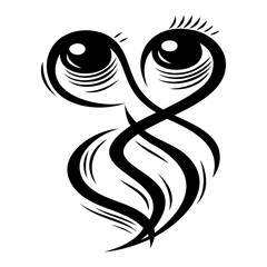 Two large eyes with lashes and swirling lines in black and white logo style design.