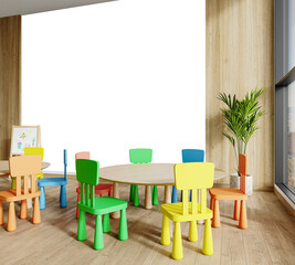 Creative Children’s Learning Corner with Colorful Chairs and Wall Cutout – PNG Interior Mockup – 3D render