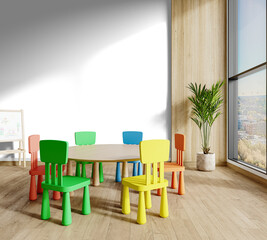 Colorful Kids Chairs and Table in Modern Classroom – Transparent Wall Cutout Mockup – 3D render