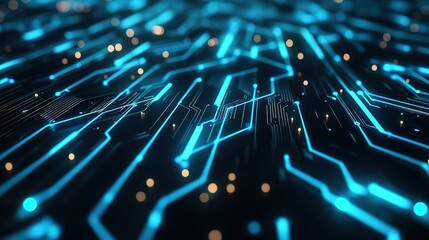 Abstract dark blue glowing circuit board technology background with light dots and lines, futuristic vector design for cybersecurity themes, digital data visualization or tech poster in cyber style