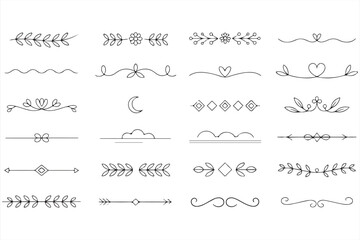 Obraz premium Linear Decorative Divider Elements with Leaves, Stars, Dots, and Symbols – Minimal Vector Ornaments for Elegant Separation and Design Accents