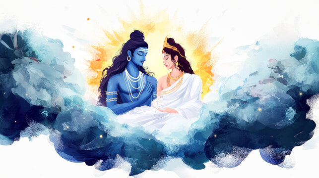 Lord Shiva and Goddess Parvati Divine Couple Hindu Gods Mahadev and Shakti Celestial Love Spiritual Art Hinduism Mythology Religious Painting Wallpaper Illustration Blue Clouds Golden Aura Meditation