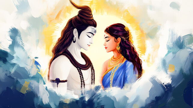 Lord Shiva and Goddess Parvati Divine Love Hindu Gods Digital Painting Mahadev Parvati Artwork Indian Mythology Religious Spiritual Art Hinduism Gods and Goddesses Wallpaper Poster Design Divine