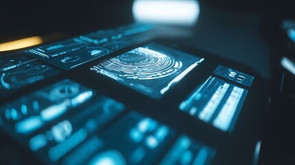 Futuristic glowing interactive information control panel