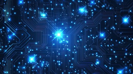 Abstract dark blue glowing circuit board technology background with light dots and lines, futuristic vector design for cybersecurity themes, digital data visualization or tech poster in cyber style