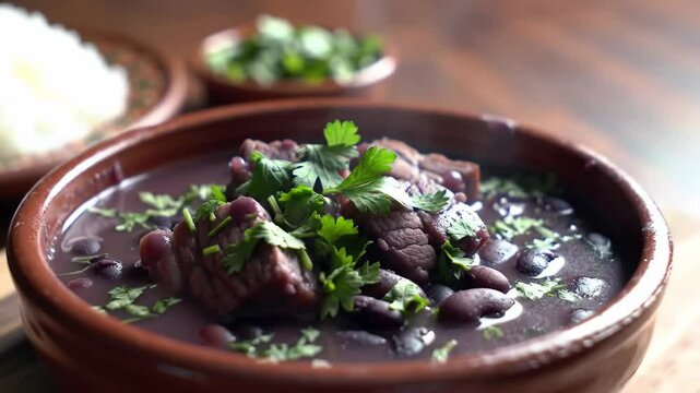 Cinematic orbit and zoom on rustic bowl of Brazilian feijoada with glossy beans, pork, and fresh herbs