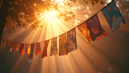 X-ray film art display. Colorful prayer flags in sunlight. Ultra-realistic photography techniques. Creative uses for X-ray film in art.