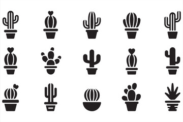 Minimalist cactus and succulent icons in plant pots — black silhouette vector set for nature and eco-themed illustrations