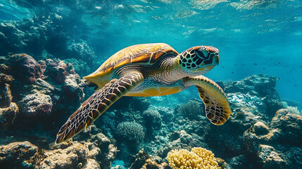 Fototapeta premium Sea turtle swimming in a coral reef environment.