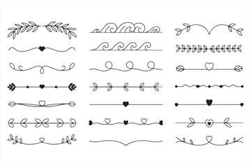 Romantic Swirl and Heart Divider Collection &ndash; Hand-Drawn Vector Border Set Featuring Waves, Vines, and Decorative Elements for Love and Nature Themes