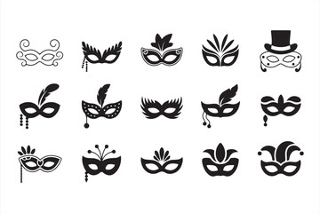 Black vector carnival masks with feathers, horns, and party embellishments in minimalist silhouette design