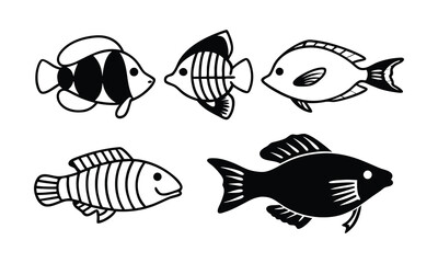 Collection of Black and White Fish Silhouettes for Marine Life Projects